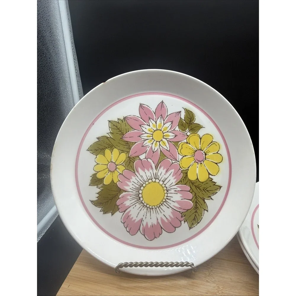 4 VTG MIKASA Duplex Eden 2522 by Ben Seibel Pink Yellow Floral Salad Plates 7.5